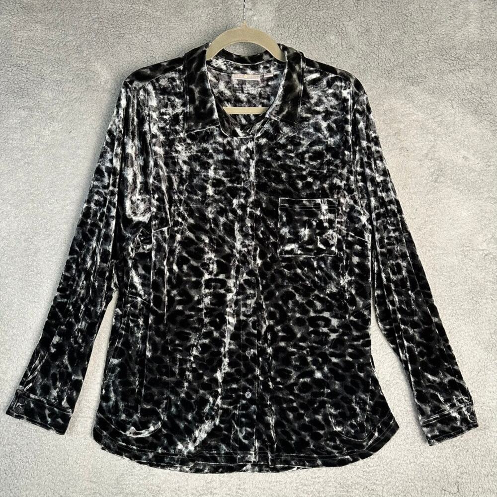 Belle By Kim Gravel Women's Large Button Up Black Gray Animal Print Velvet Flowy